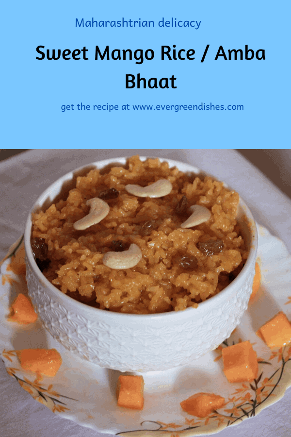 Sweet Mango Rice is a delectable sweet dish from Maharashtrian cuisine. It is also known as Amba Bhaat, amba means mango and bhaat is the Marathi word for steamed rice. It is ideal to make for festive occasions.