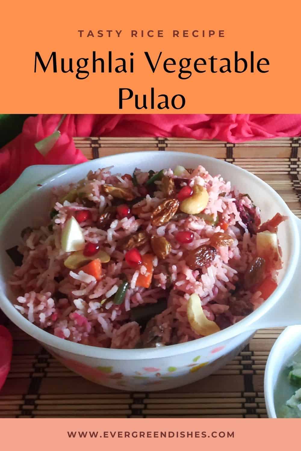 Mughlai Vegetable Pulao is a delicious rice preparation with coconut, spices, nuts and assorted vegetables. It is ideal to serve during get-togethers. 