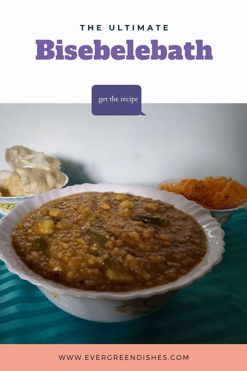 a bowl of bisebelebath served with papad and fryums